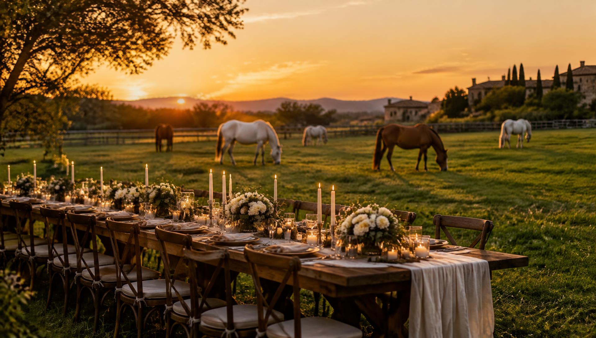Table dressée face aux chevaux au coucher du soleil (illustration)